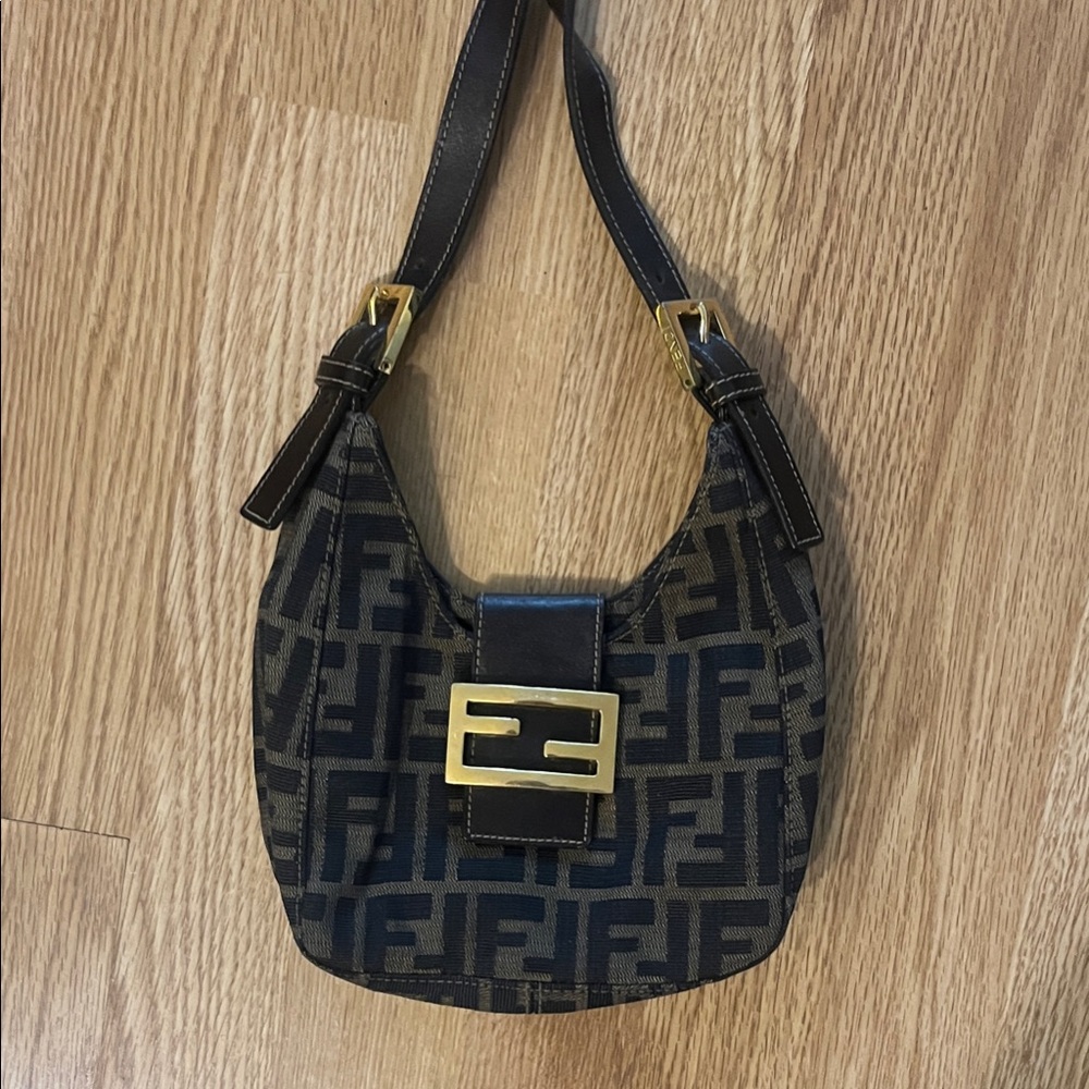 Authentic Fendi Monogram Shoulder Bag in Black and Brown with Gold Buckle